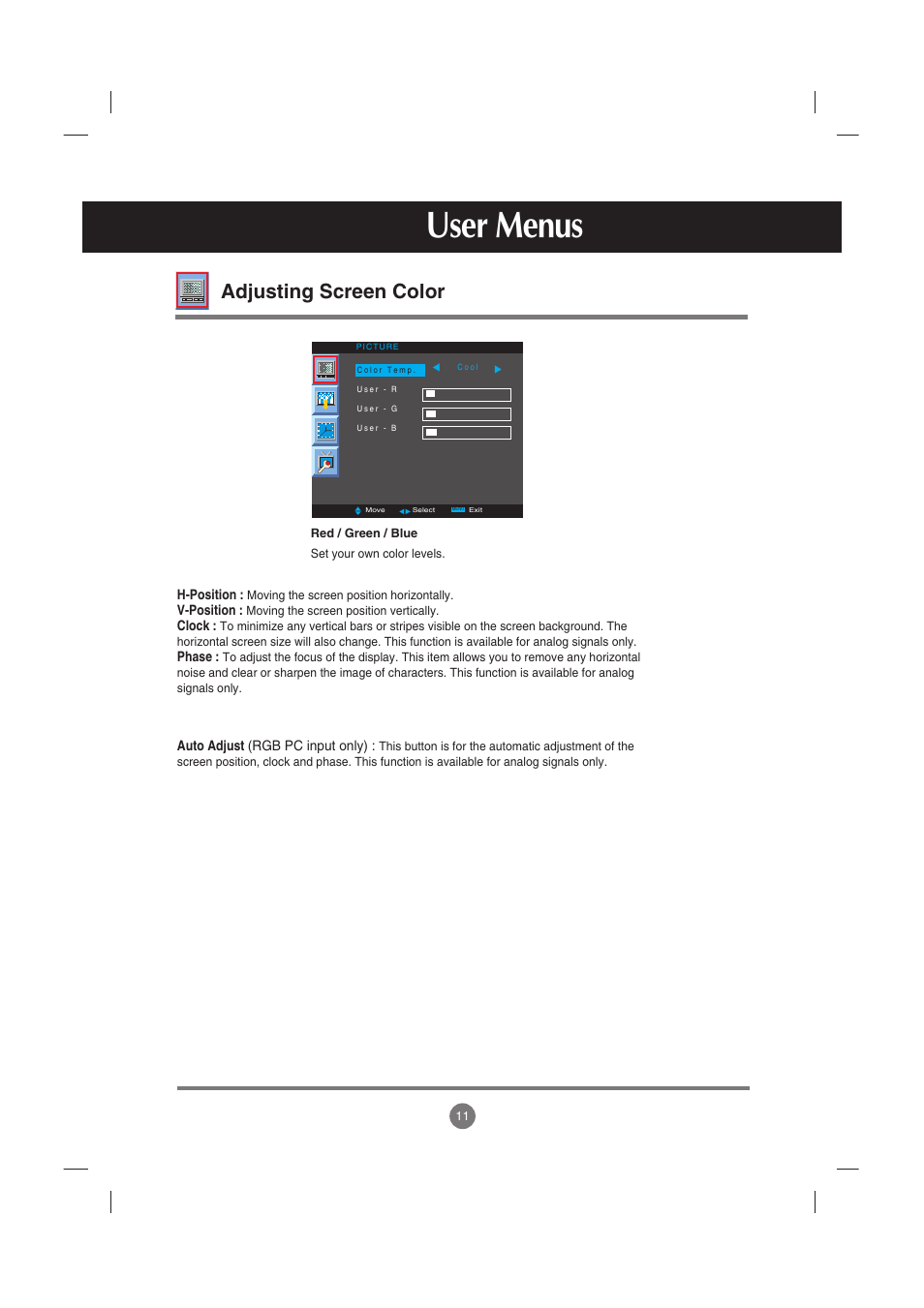 User menus, Adjusting screen color | LG M3800S User Manual | Page 12 / 32