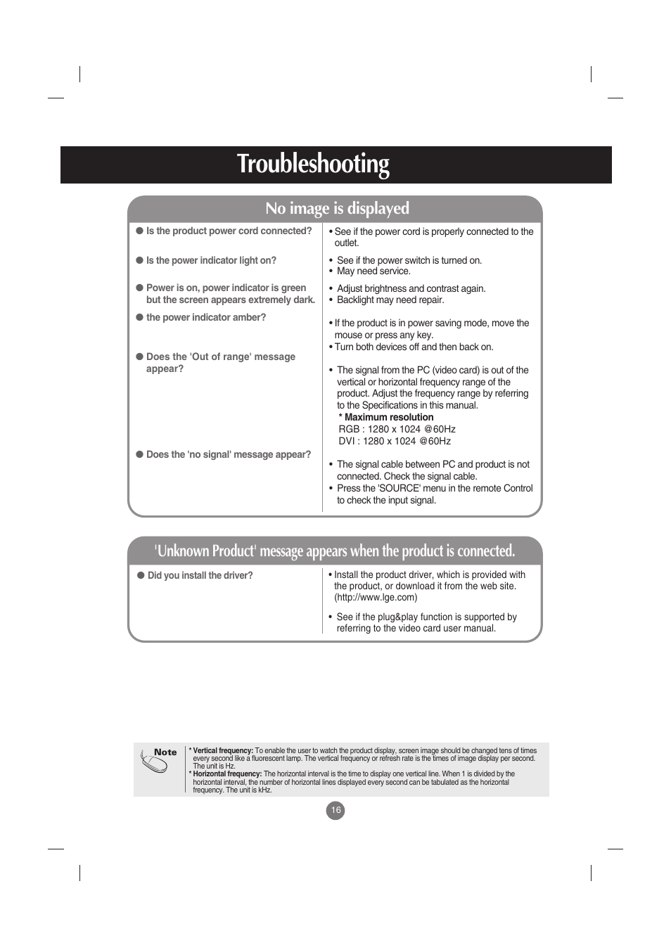Troubleshooting, No image is displayed | LG M3800S User Manual | Page 17 / 32