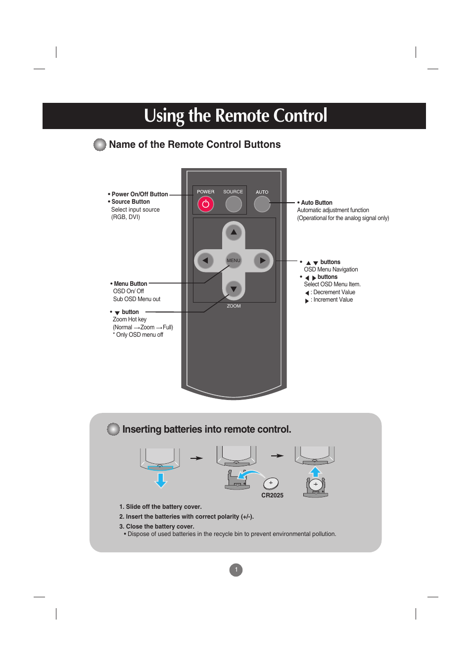 Using the remote control, Inserting batteries into remote control, Name of the remote control buttons | LG M3800S User Manual | Page 2 / 32