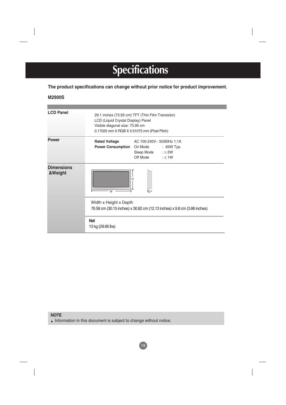 Specifications | LG M3800S User Manual | Page 20 / 32