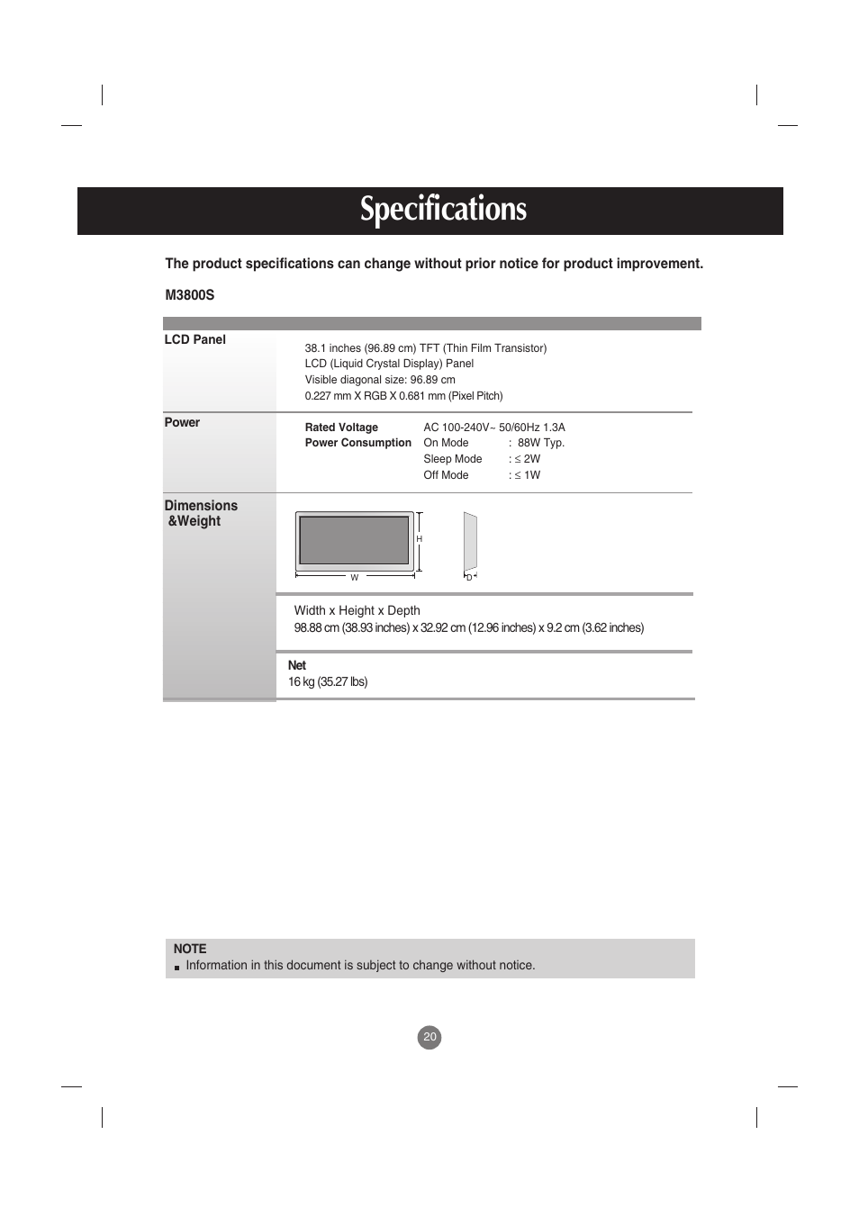 Specifications | LG M3800S User Manual | Page 21 / 32