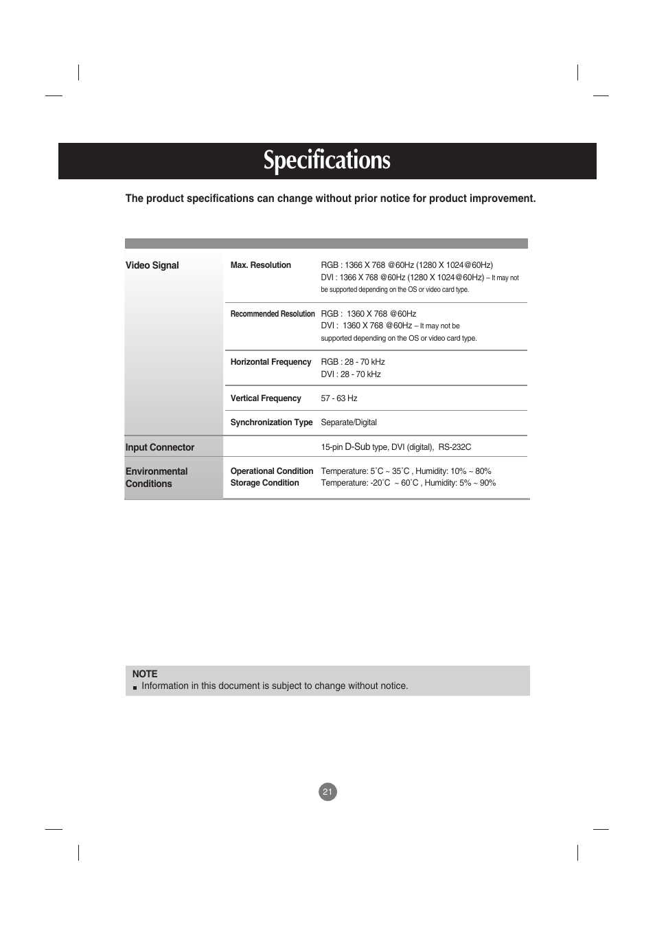 Specifications | LG M3800S User Manual | Page 22 / 32