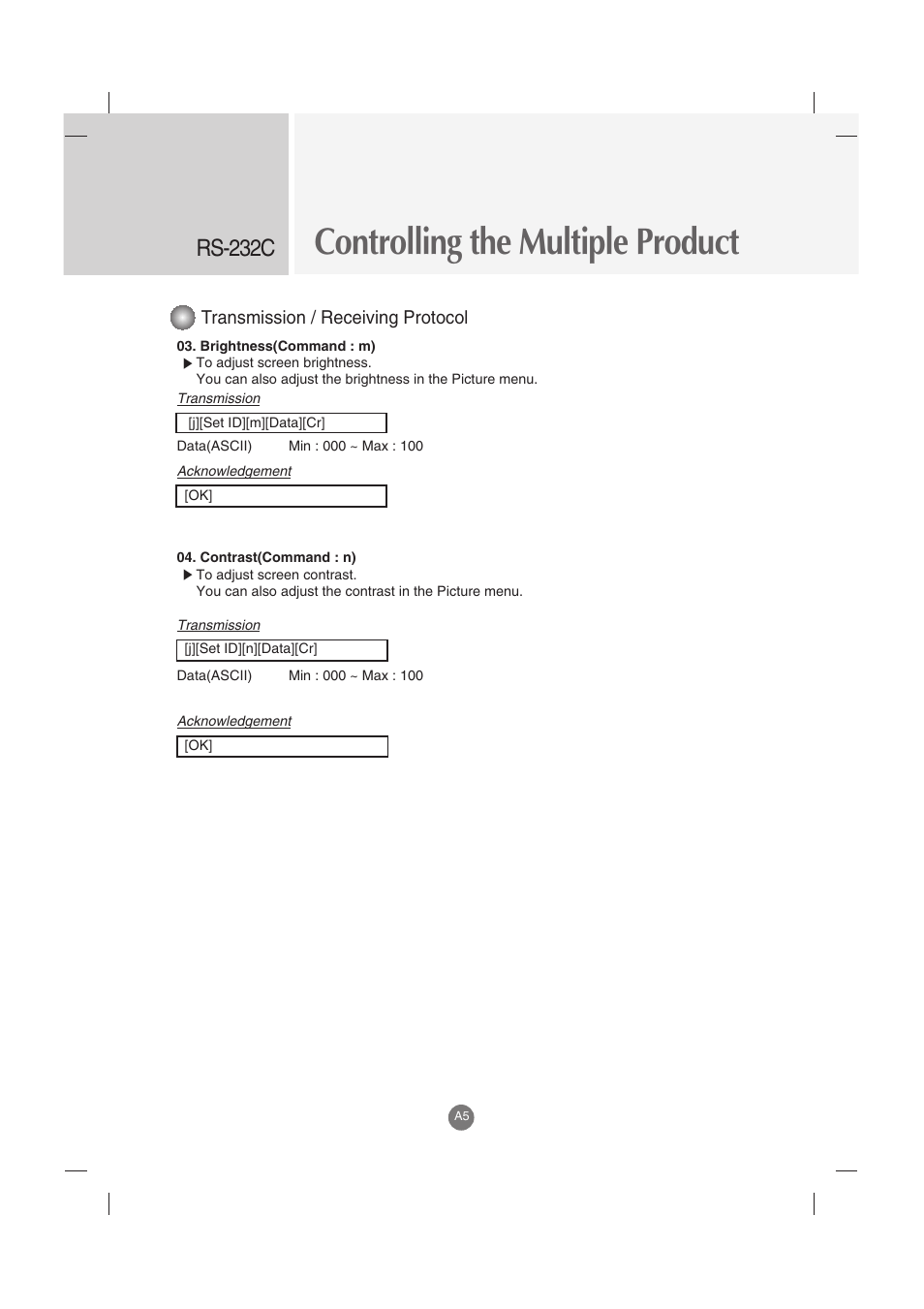 Controlling the multiple product, Rs-232c | LG M3800S User Manual | Page 28 / 32