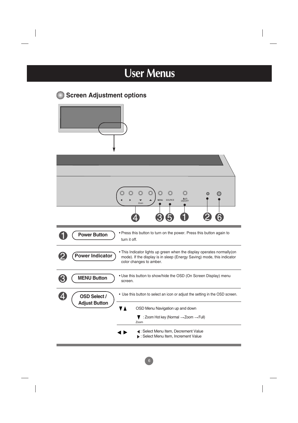 User menus, Screen adjustment options | LG M3800S User Manual | Page 7 / 32