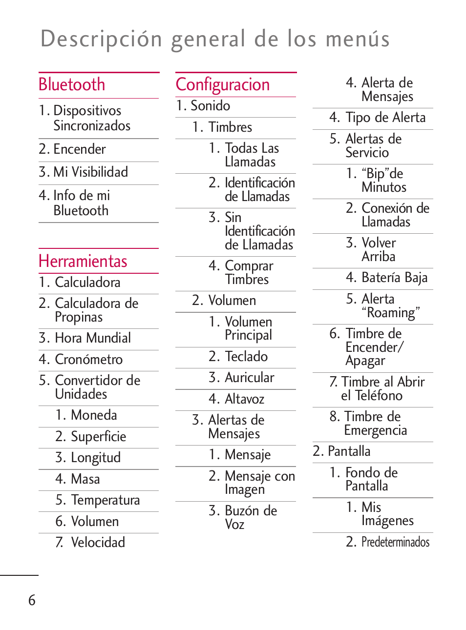 Descripción general de los menús, Bluetooth, Herramientas | Configuracion | LG 235C User Manual | Page 104 / 210