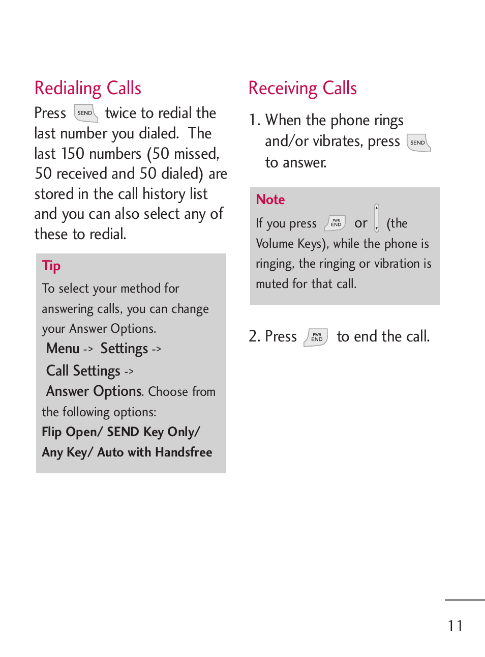 Redialing calls, Receiving calls | LG 235C User Manual | Page 11 / 210