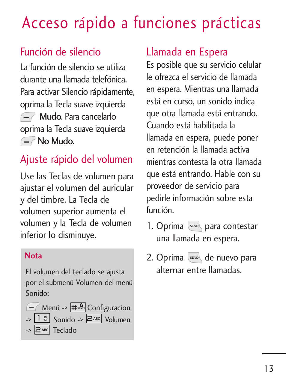 Acceso rápido a funciones prácticas, Función de silencio, Ajuste rápido del volumen | Llamada en espera | LG 235C User Manual | Page 111 / 210
