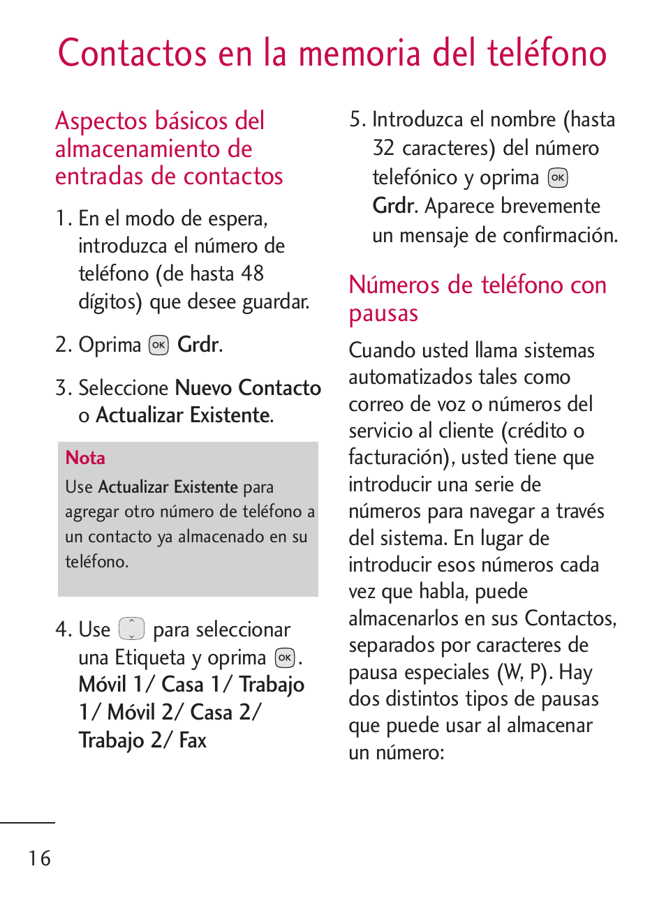 Números de teléfono con pausas | LG 235C User Manual | Page 114 / 210