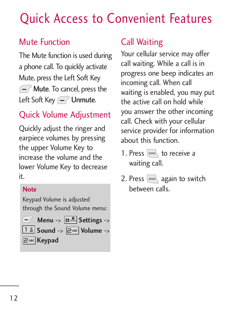 Quick access to convenient features, Mute function, Quick volume adjustment | Call waiting | LG 235C User Manual | Page 12 / 210