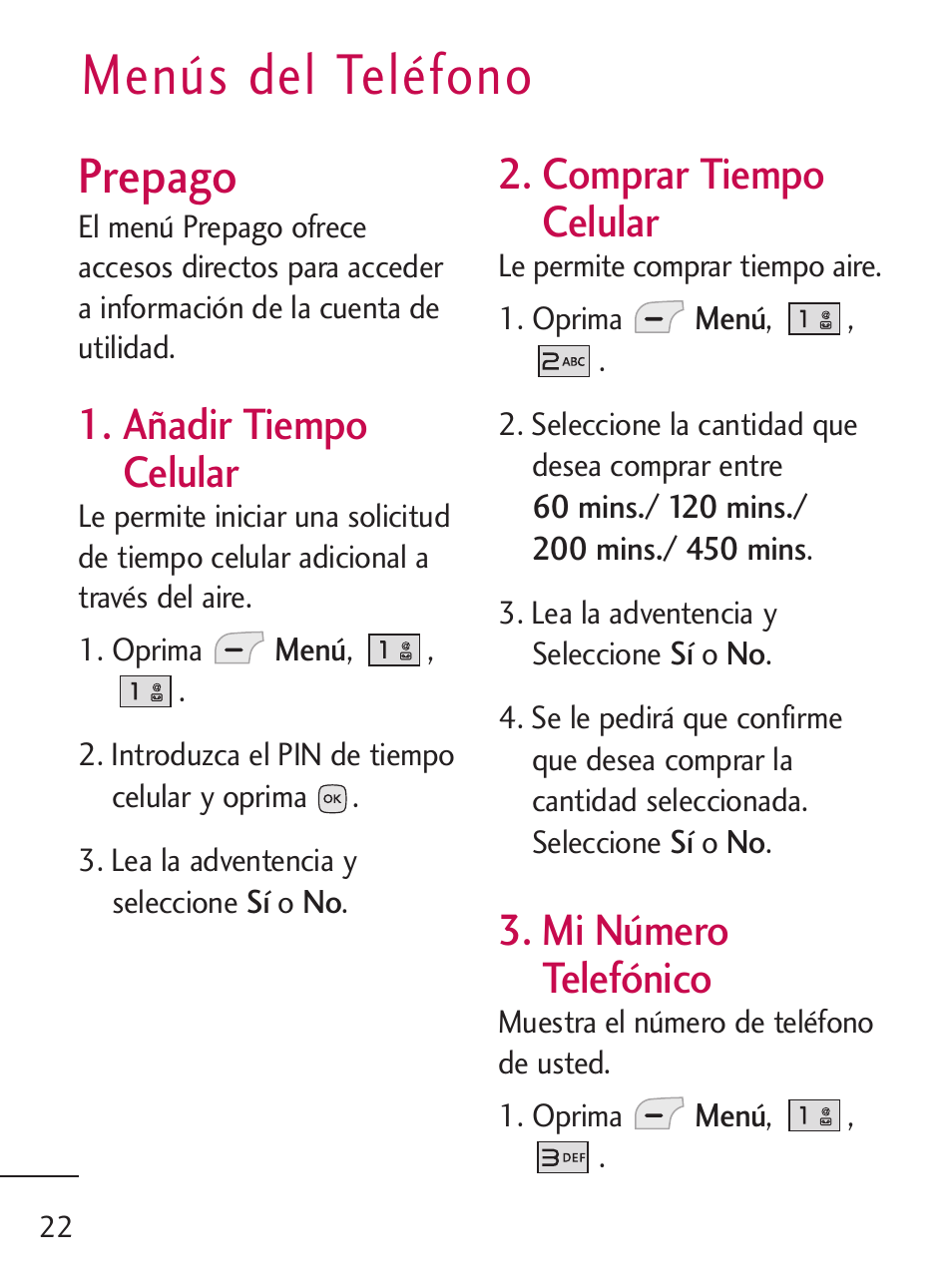 Menús del teléfono, Prepago, Añadir tiempo celular | Comprar tiempo celular, Mi número telefónico | LG 235C User Manual | Page 120 / 210