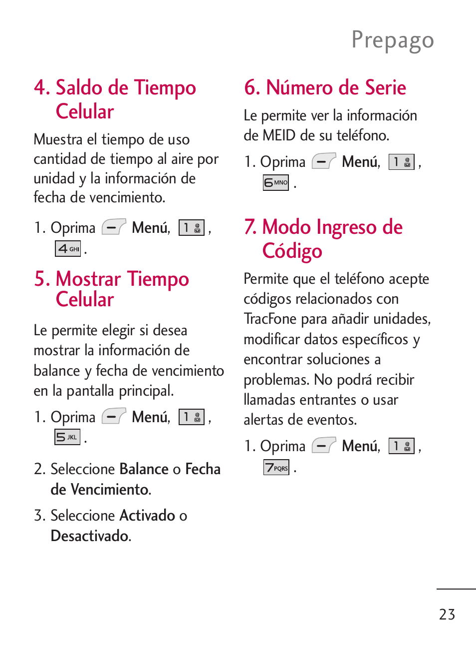 Prepago, Saldo de tiempo celular, Mostrar tiempo celular | Número de serie, Modo ingreso de código | LG 235C User Manual | Page 121 / 210