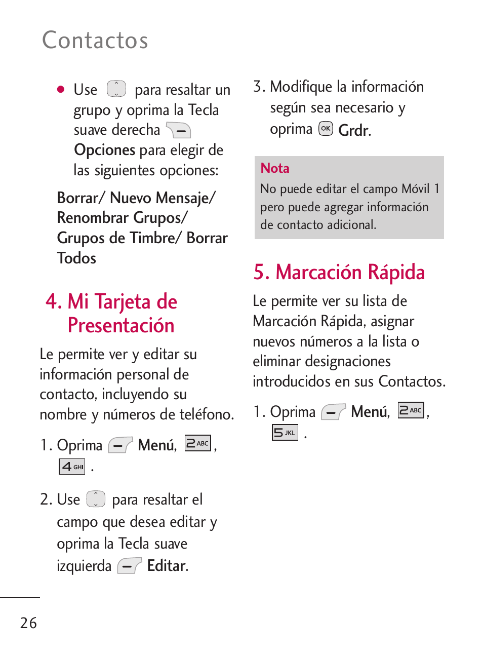 Contactos, Mi tarjeta de presentación, Marcación rápida | LG 235C User Manual | Page 124 / 210