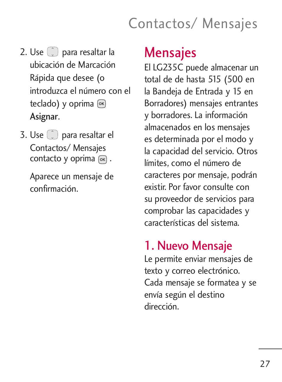 Mensajes, Contactos/ mensajes, Nuevo mensaje | LG 235C User Manual | Page 125 / 210