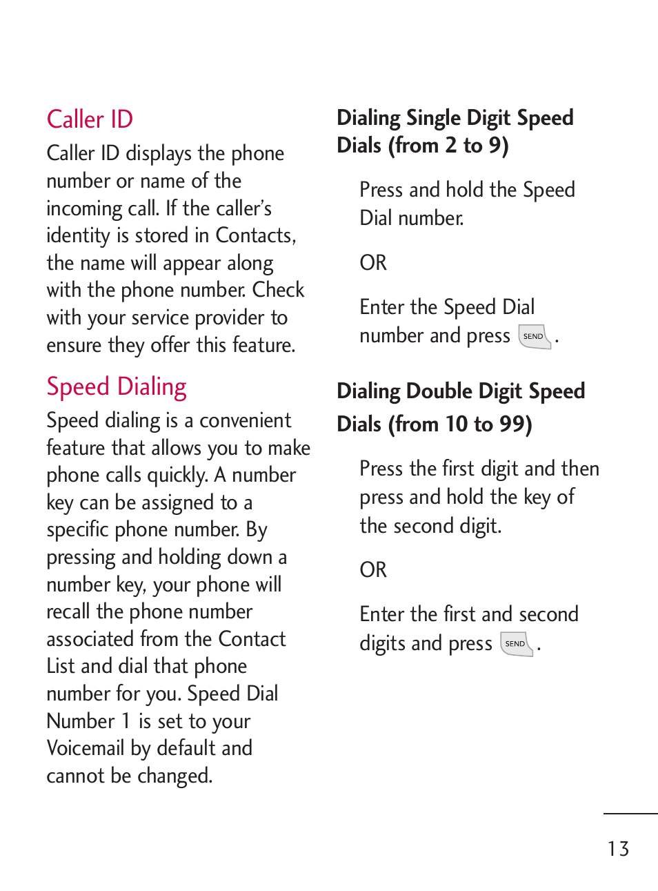 Caller id, Speed dialing | LG 235C User Manual | Page 13 / 210