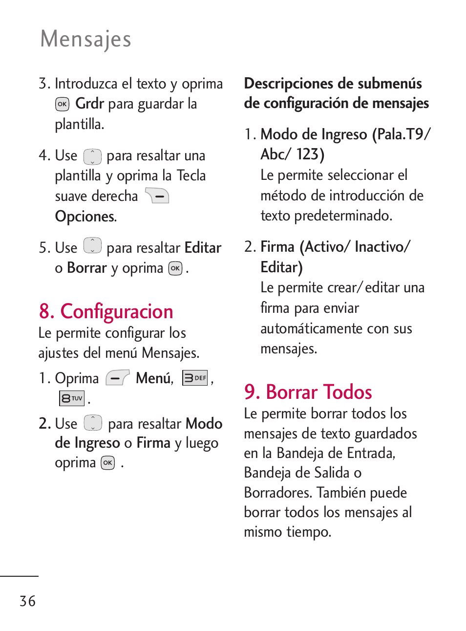 Mensajes, Configuracion, Borrar todos | LG 235C User Manual | Page 134 / 210