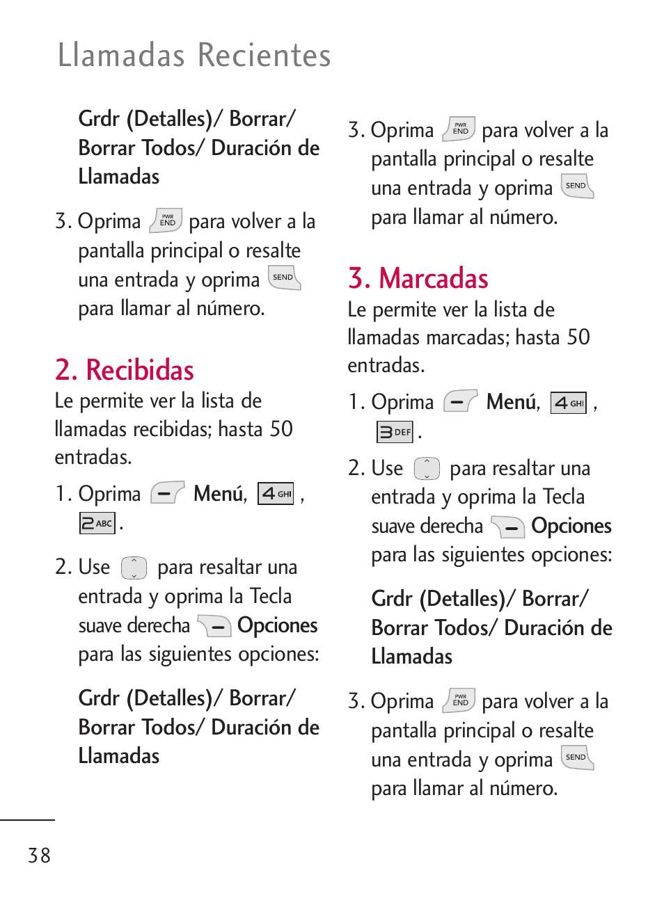 Llamadas recientes, Recibidas, Marcadas | LG 235C User Manual | Page 136 / 210