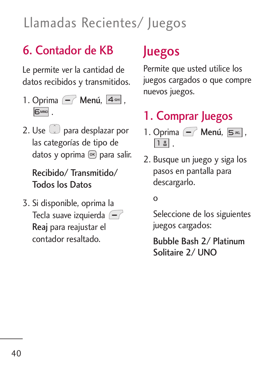 Juegos, Llamadas recientes/ juegos, Contador de kb | Comprar juegos | LG 235C User Manual | Page 138 / 210