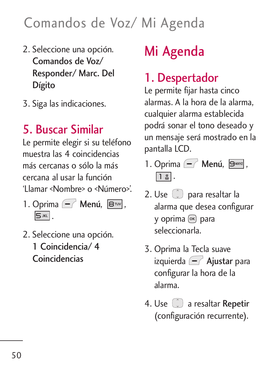 Mi agenda, Comandos de voz/ mi agenda, Buscar similar | Despertador | LG 235C User Manual | Page 148 / 210