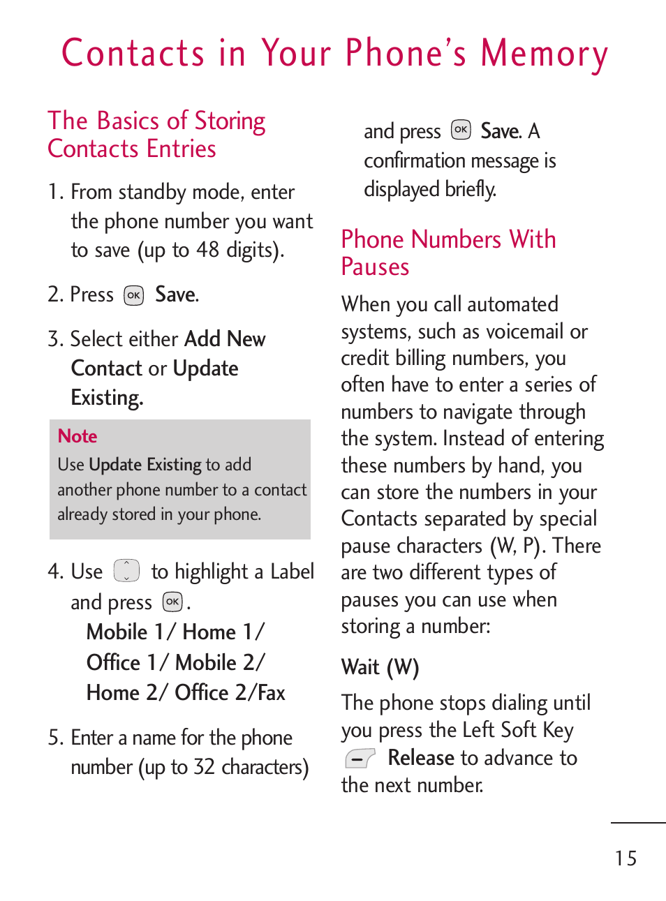 The basics of storing contacts entries, Phone numbers with pauses | LG 235C User Manual | Page 15 / 210