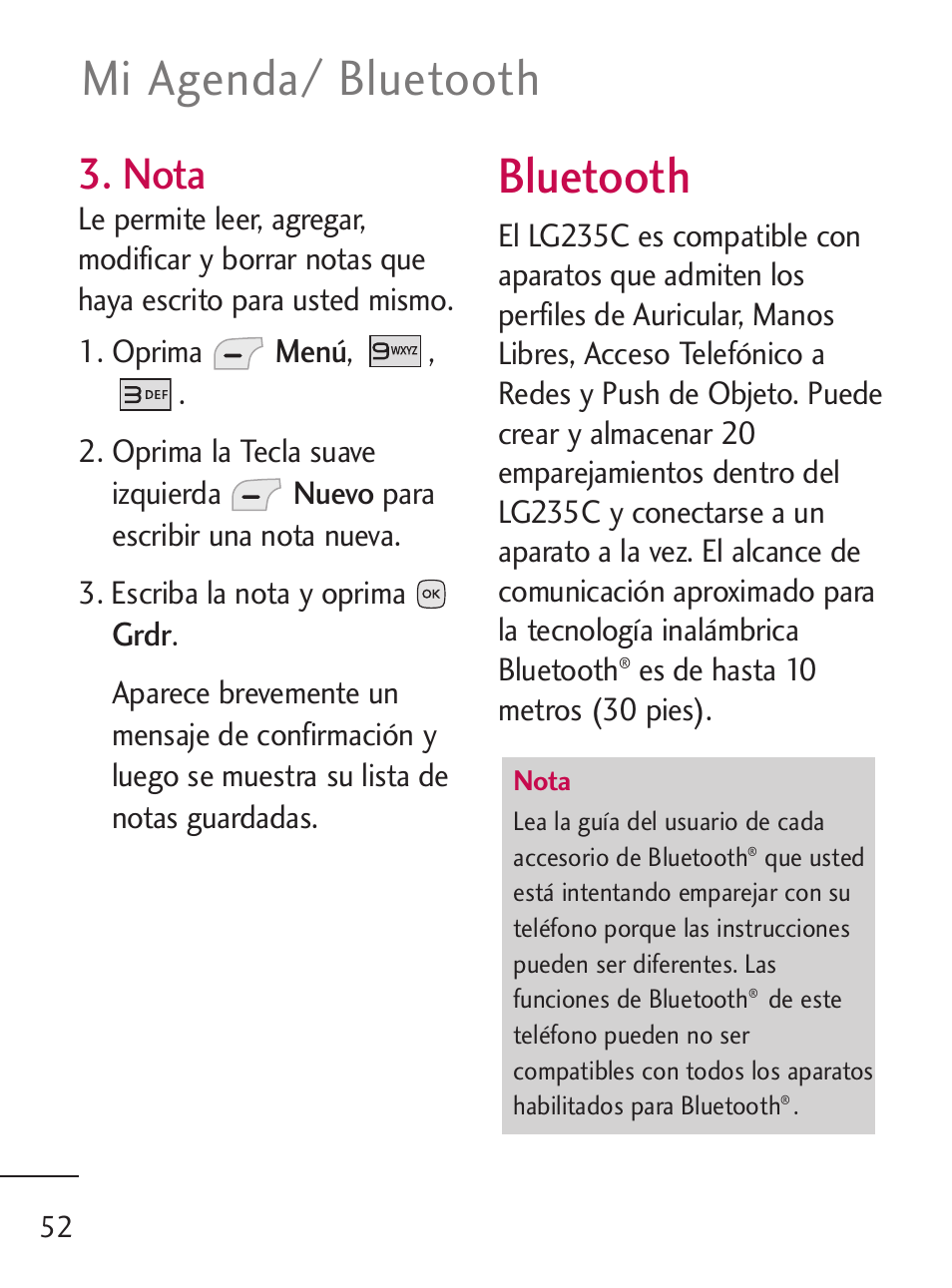 Bluetooth, Mi agenda/ bluetooth, Nota | LG 235C User Manual | Page 150 / 210