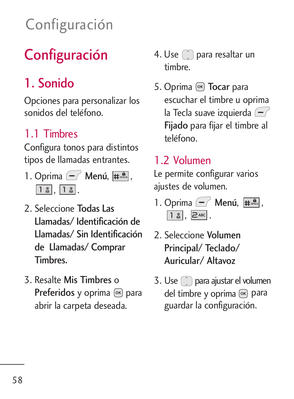 Configuración, Sonido, 1 timbres | 2 volumen | LG 235C User Manual | Page 156 / 210