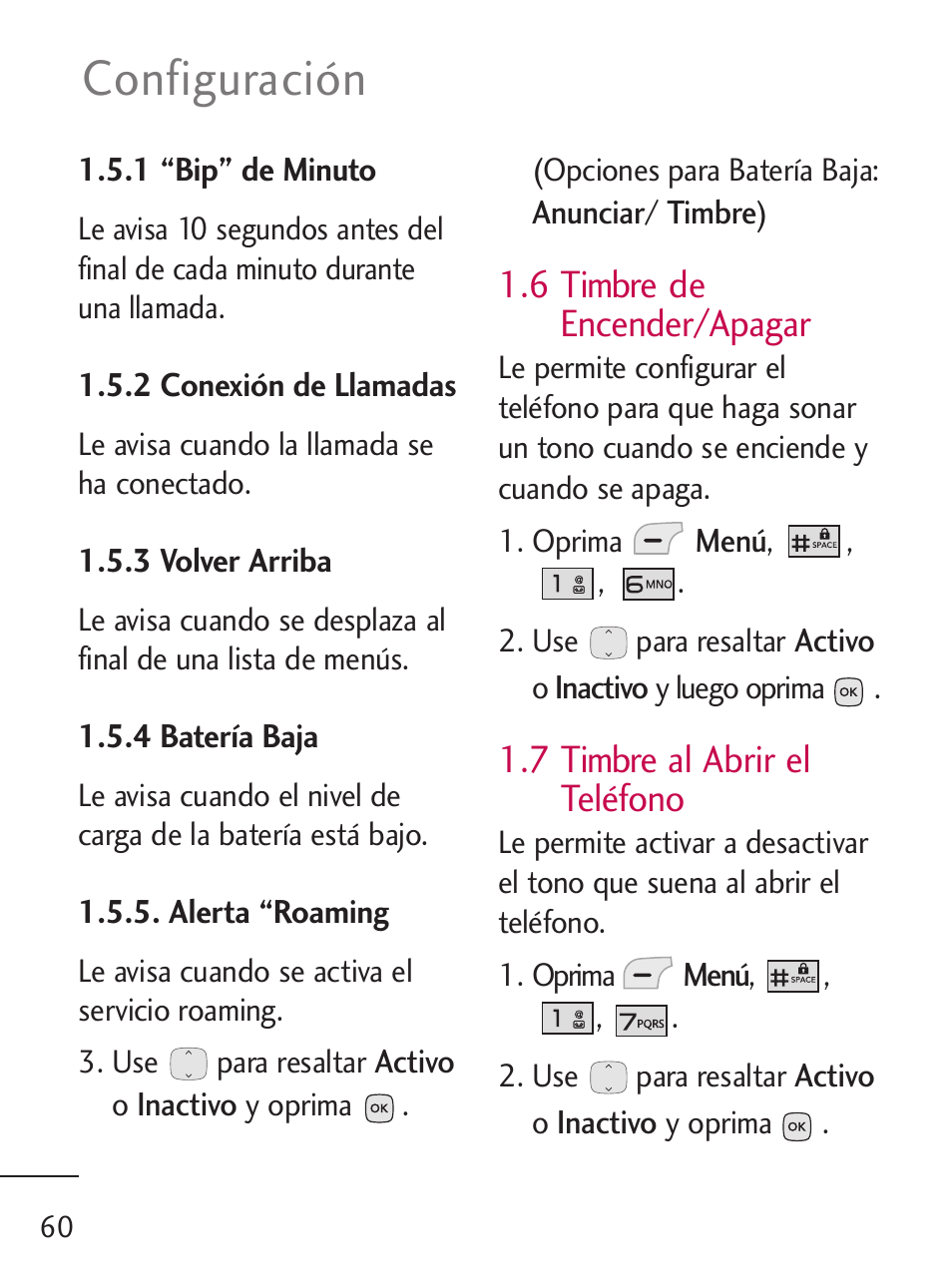 Configuración, 6 timbre de encender/apagar, 7 timbre al abrir el teléfono | LG 235C User Manual | Page 158 / 210