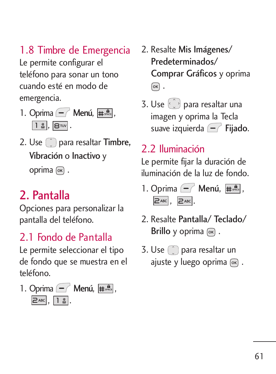 Pantalla, 8 timbre de emergencia, 1 fondo de pantalla | 2 iluminación | LG 235C User Manual | Page 159 / 210