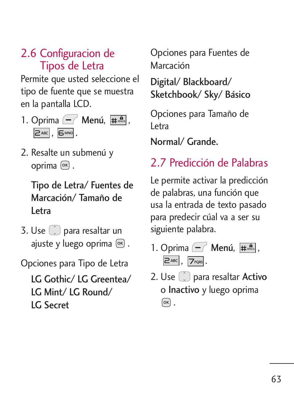 6 configuracion de tipos de letra, 7 predicción de palabras | LG 235C User Manual | Page 161 / 210