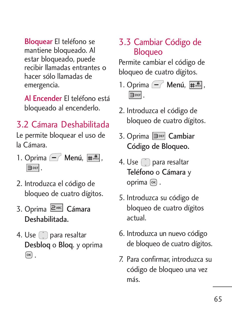 2 cámara deshabilitada, 3 cambiar código de bloqueo | LG 235C User Manual | Page 163 / 210