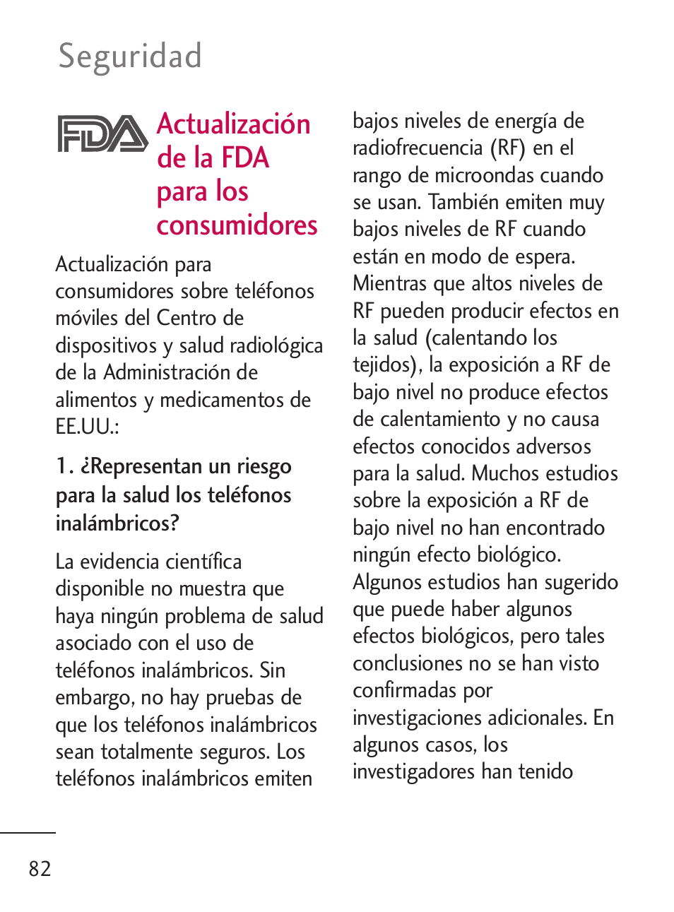 Seguridad, Actualización de la fda para los consumidores | LG 235C User Manual | Page 180 / 210