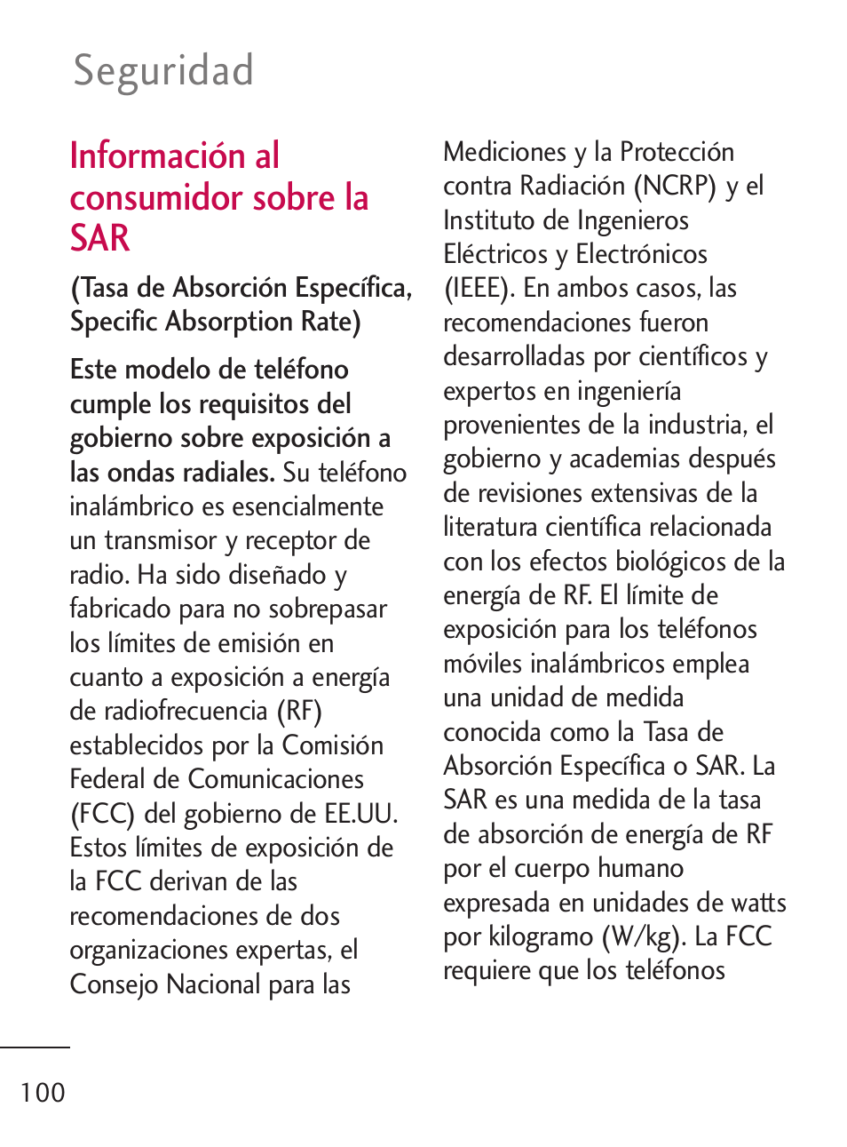 Seguridad, Información al consumidor sobre la sar | LG 235C User Manual | Page 198 / 210