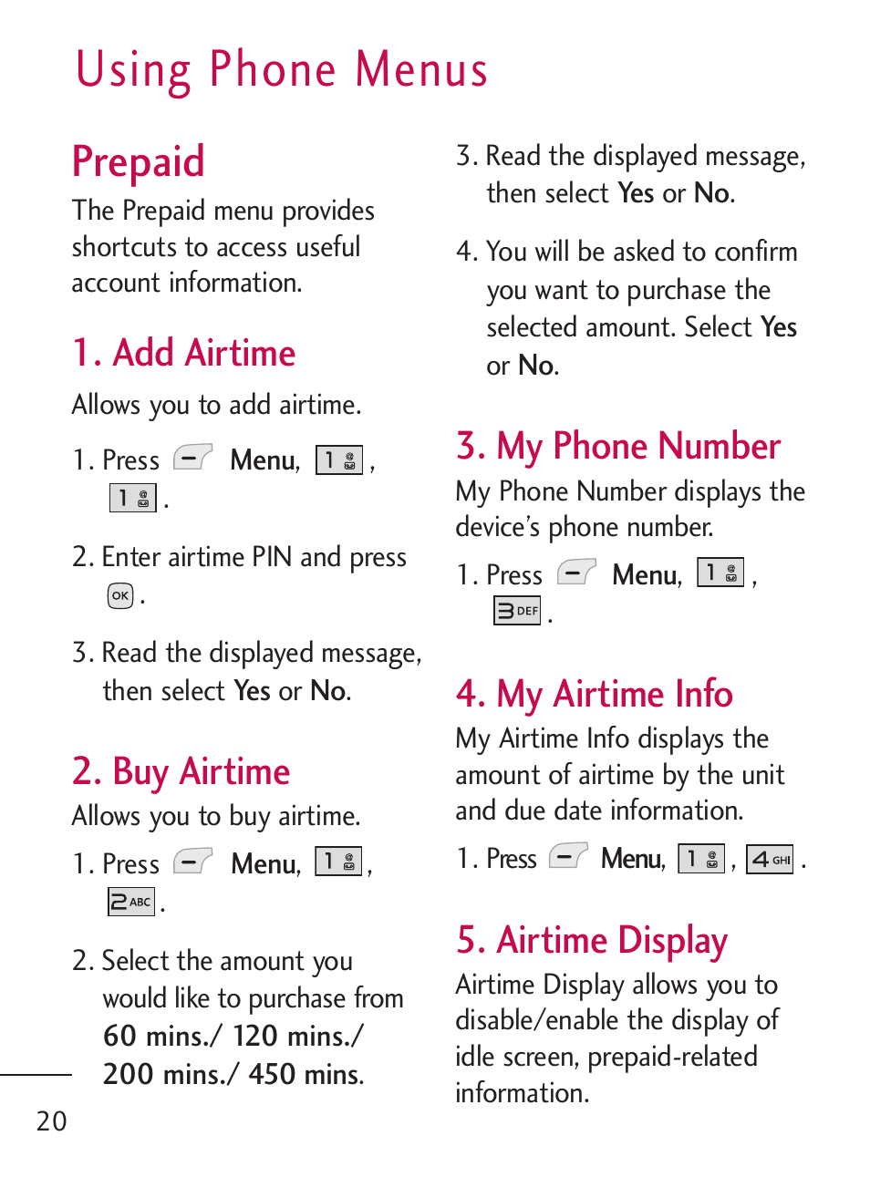 Using phone menus, Prepaid, Add airtime | Buy airtime, My phone number, My airtime info, Airtime display | LG 235C User Manual | Page 20 / 210