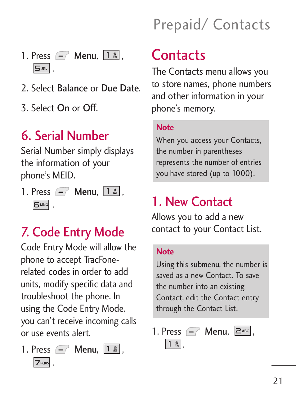 Contacts, Prepaid/ contacts, Serial number | Code entry mode, New contact | LG 235C User Manual | Page 21 / 210