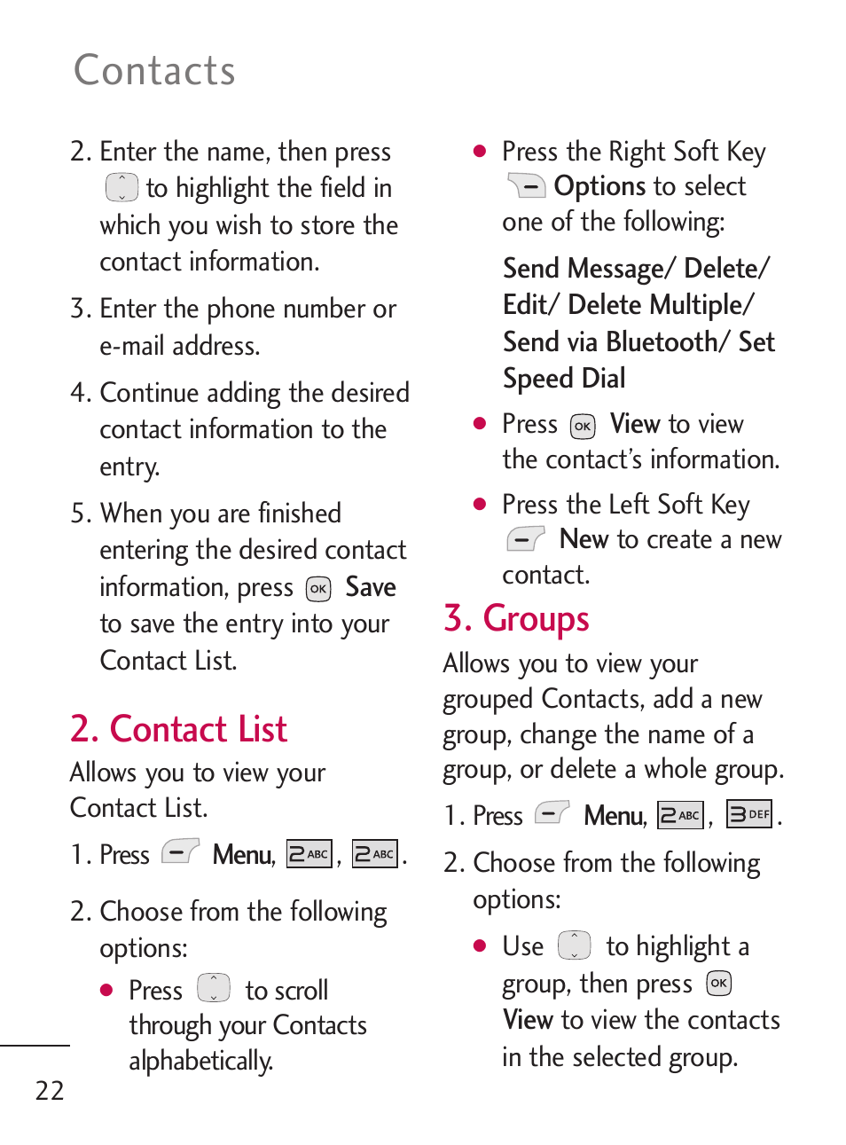 Contacts, Contact list, Groups | LG 235C User Manual | Page 22 / 210