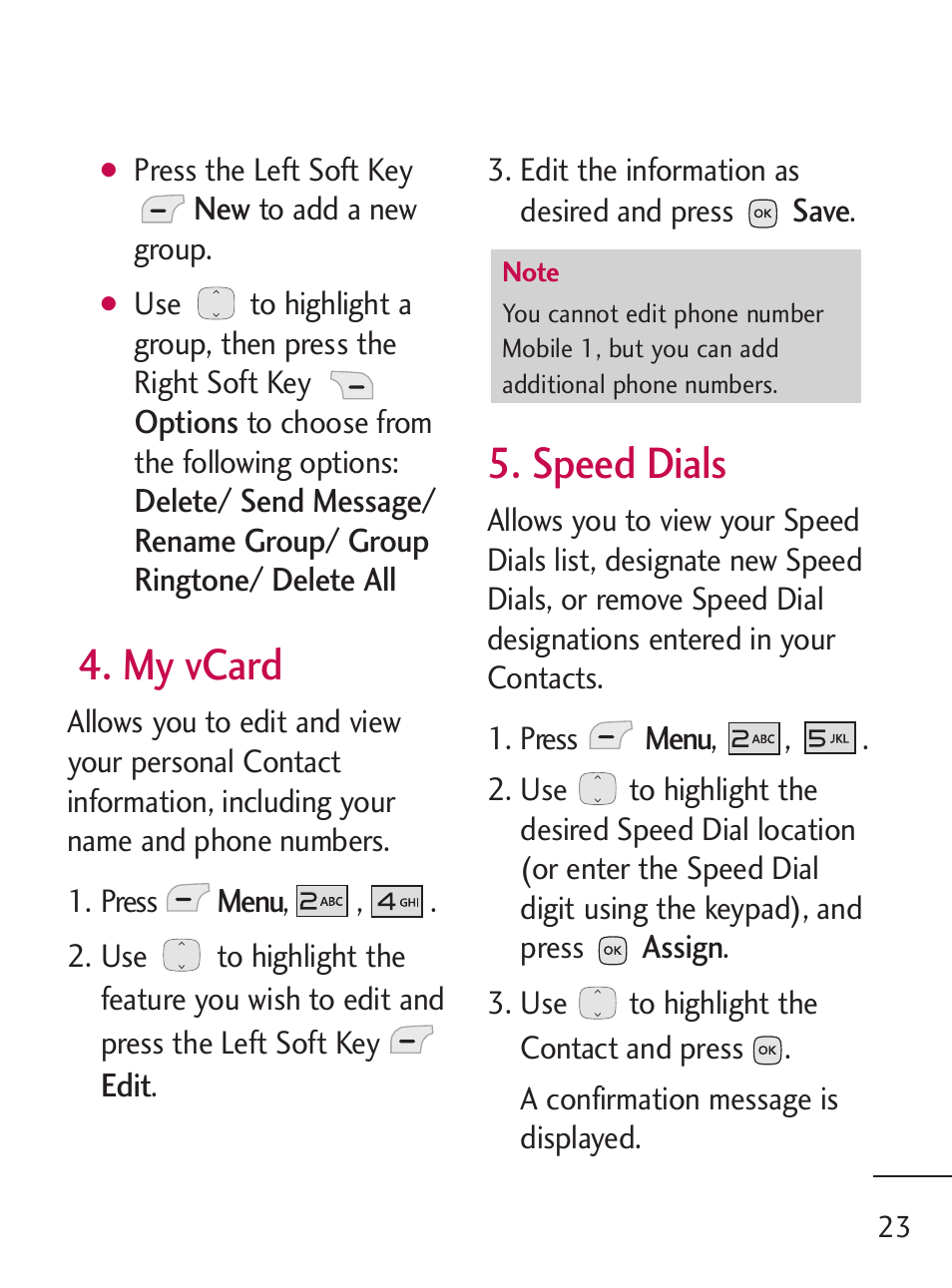 My vcard, Speed dials | LG 235C User Manual | Page 23 / 210