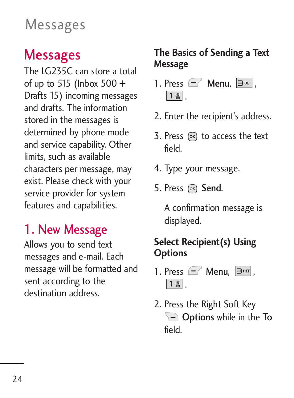 Messages, New message | LG 235C User Manual | Page 24 / 210