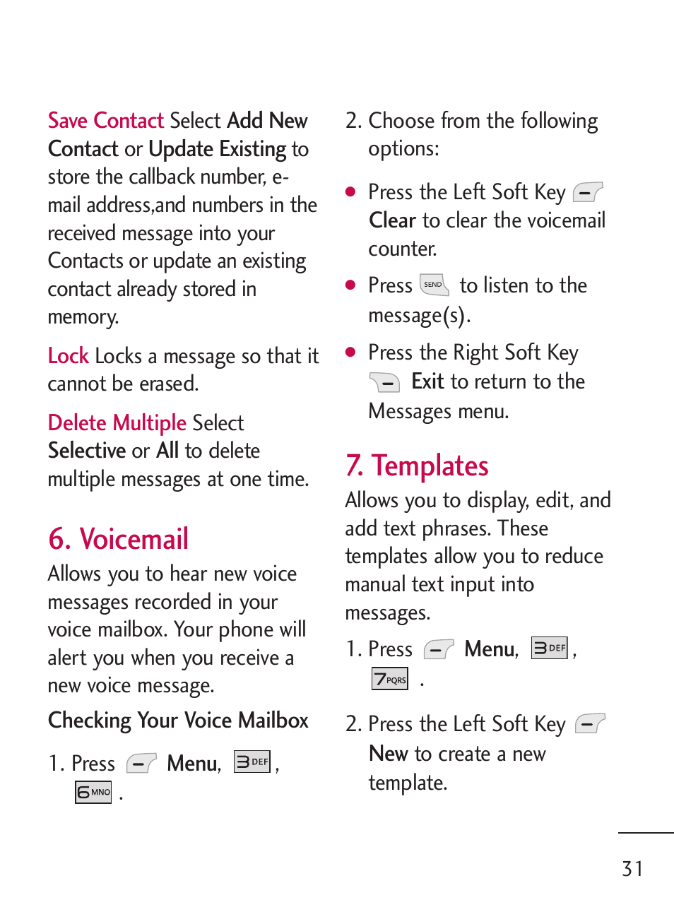 Voicemail, Templates | LG 235C User Manual | Page 31 / 210