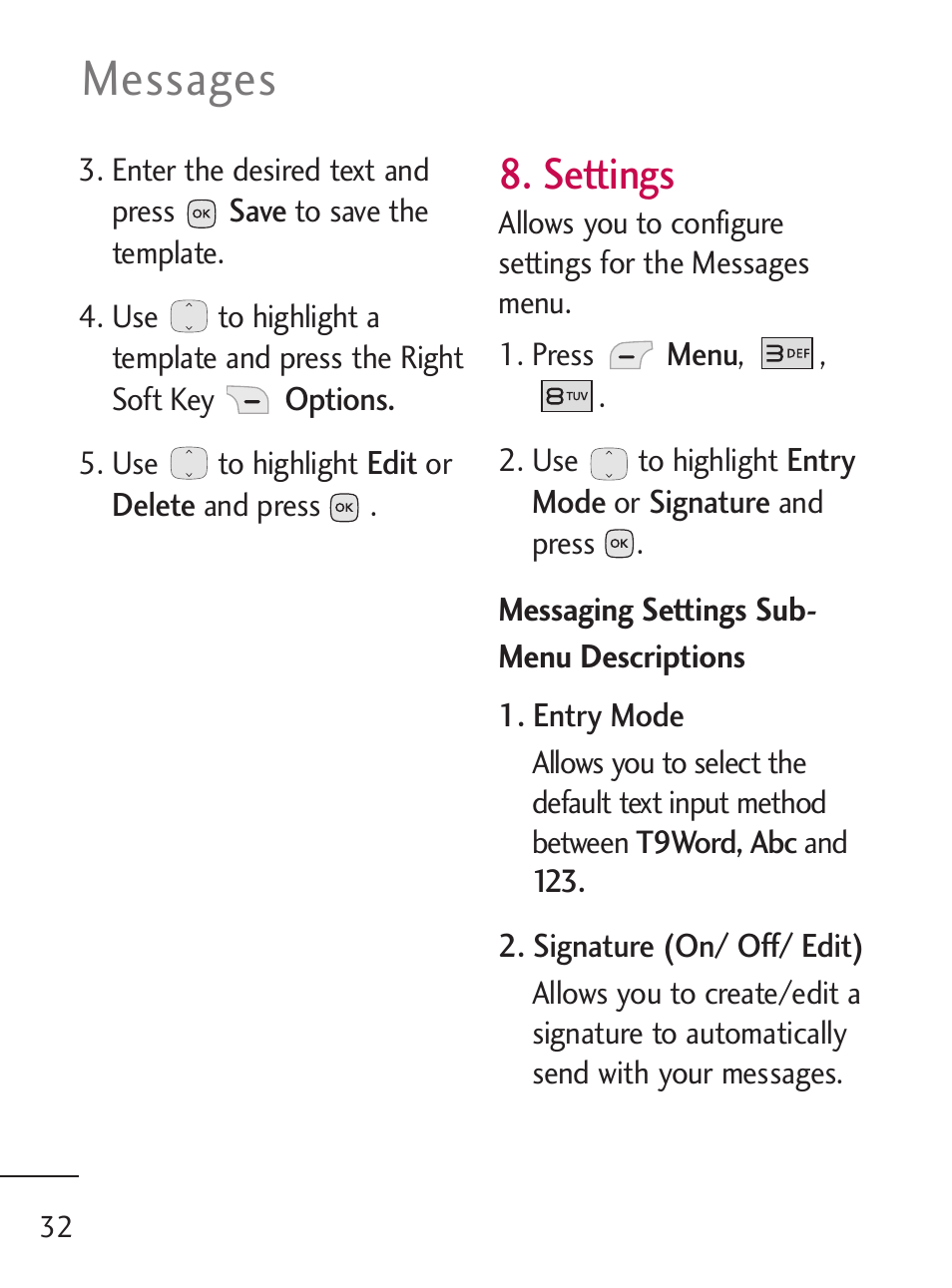 Messages, Settings | LG 235C User Manual | Page 32 / 210