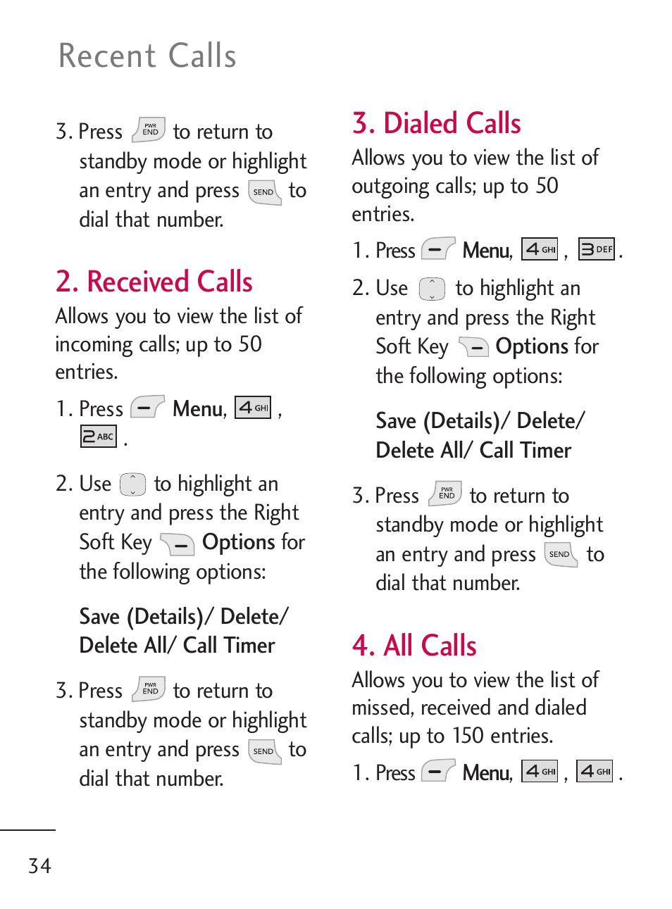 Recent calls, Received calls, Dialed calls | All calls | LG 235C User Manual | Page 34 / 210