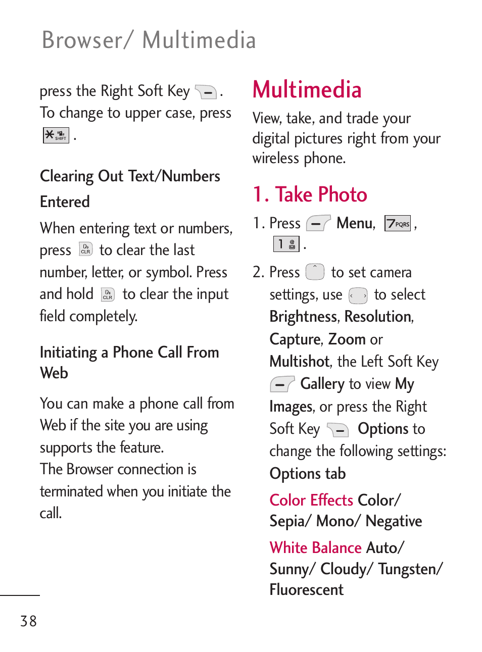 Multimedia, Browser/ multimedia, Take photo | LG 235C User Manual | Page 38 / 210