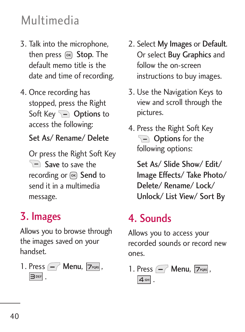 Multimedia, Images, Sounds | LG 235C User Manual | Page 40 / 210