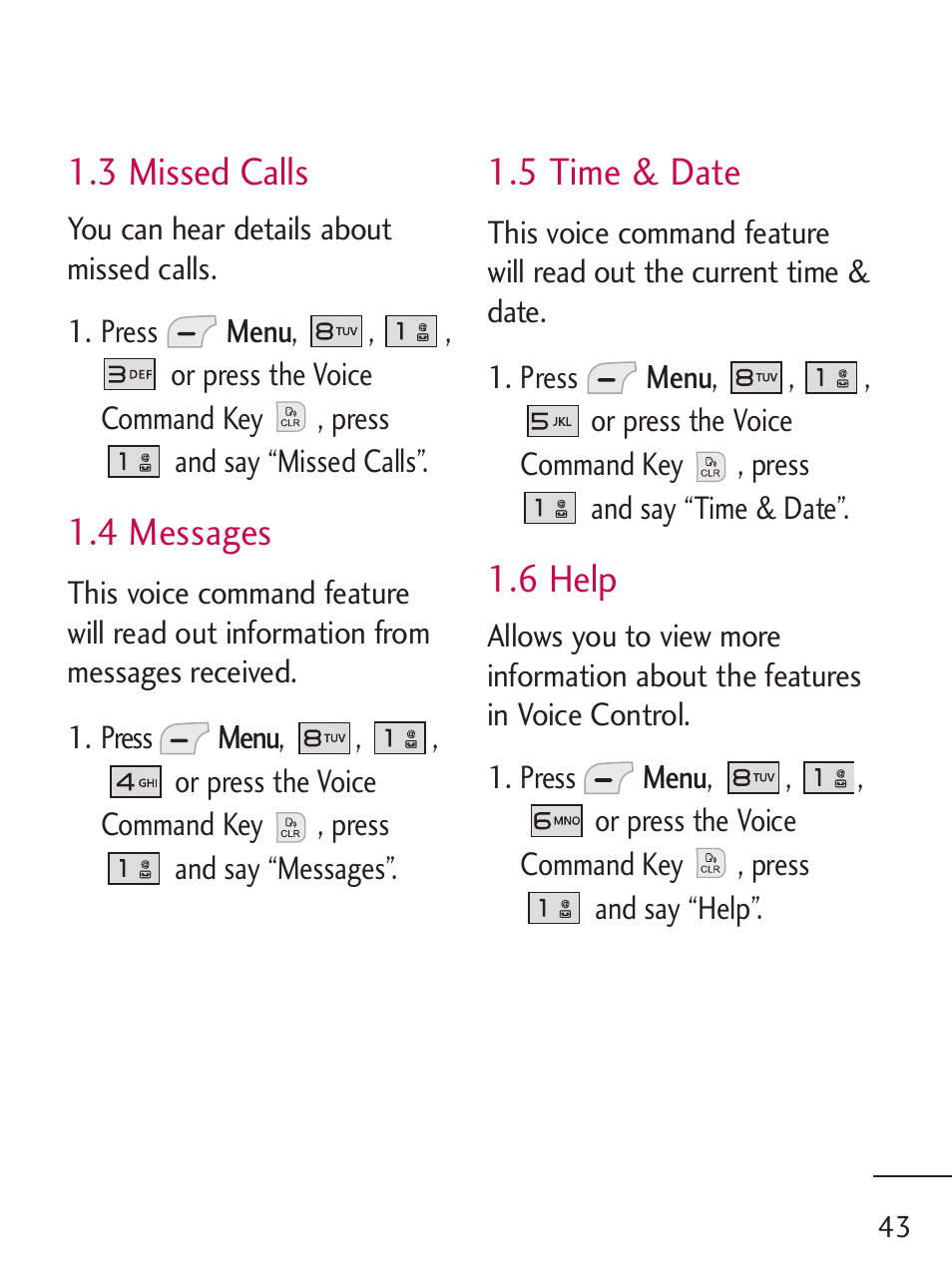 3 missed calls, 4 messages, 5 time & date | 6 help | LG 235C User Manual | Page 43 / 210