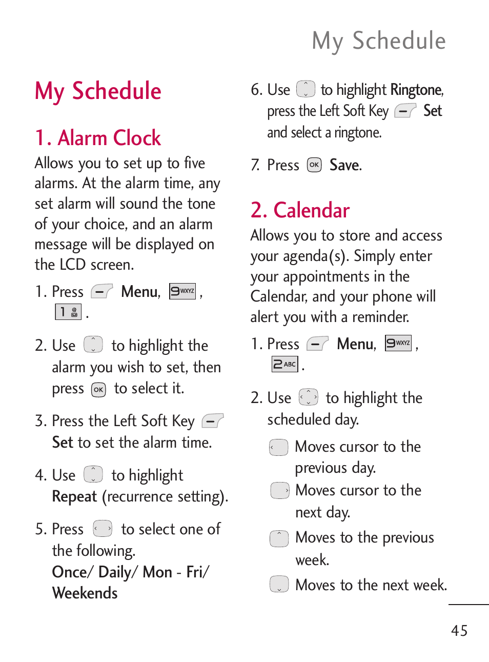 My schedule, Alarm clock, Calendar | LG 235C User Manual | Page 45 / 210