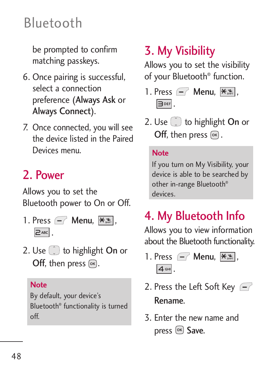 Bluetooth, Power, My visibility | My bluetooth info | LG 235C User Manual | Page 48 / 210