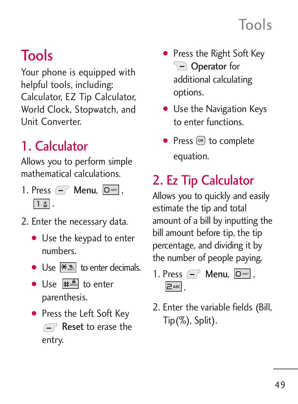 Tools, Calculator, Ez tip calculator | LG 235C User Manual | Page 49 / 210