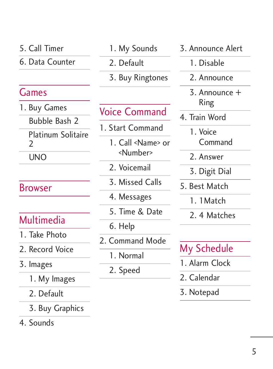 Games, Browser multimedia, Voice command | My schedule | LG 235C User Manual | Page 5 / 210