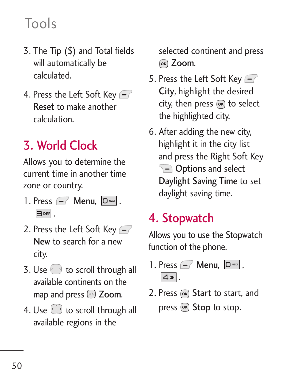 Tools, World clock, Stopwatch | LG 235C User Manual | Page 50 / 210