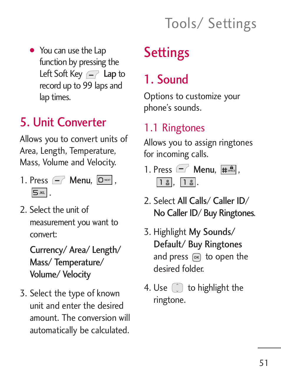 Tools/ settings, Settings, Unit converter | Sound, 1 ringtones | LG 235C User Manual | Page 51 / 210