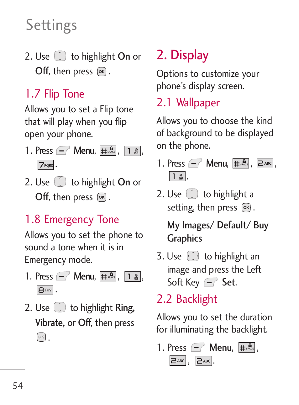 Settings, Display, 7 flip tone | 8 emergency tone, 1 wallpaper, 2 backlight | LG 235C User Manual | Page 54 / 210