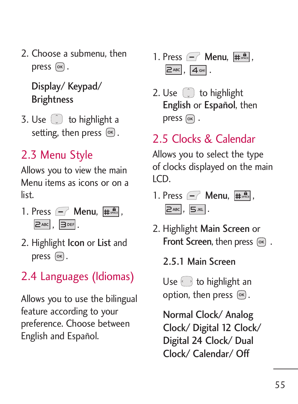 3 menu style, 4 languages (idiomas), 5 clocks & calendar | LG 235C User Manual | Page 55 / 210